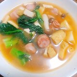 厚揚げ　しめじ　ウインナー　菜の花のキムチスープ